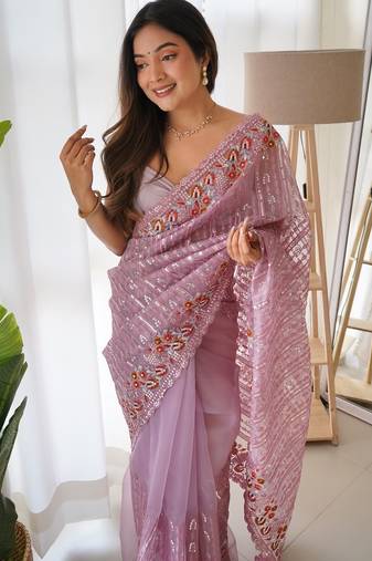 Lavender Color Embroidered Organza Silk Saree