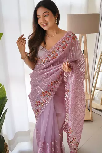 Lavender Color Embroidered Organza Silk Saree