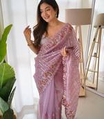 Lavender Color Embroidered Organza Silk Saree