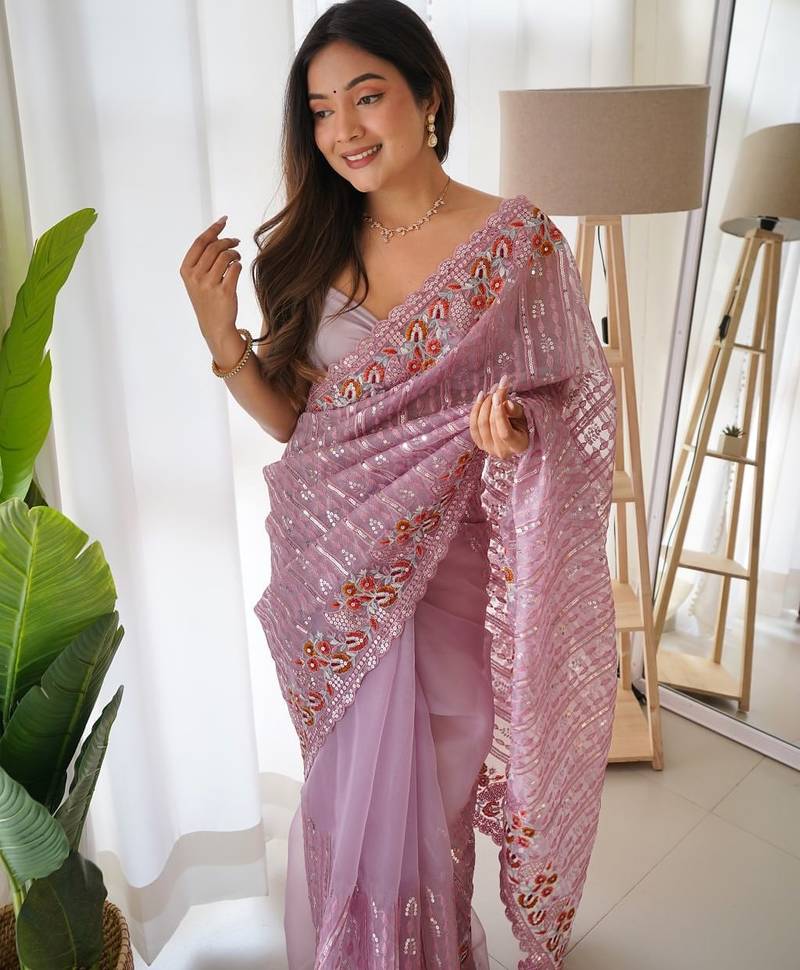 Lavender Color Embroidered Organza Silk Saree
