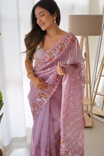 Lavender Color Embroidered Organza Silk Saree