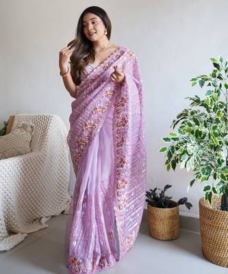 Lavender Color Embroidered Organza Silk Saree 3