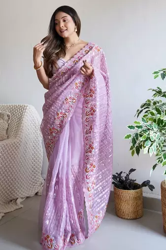 Lavender Color Embroidered Organza Silk Saree