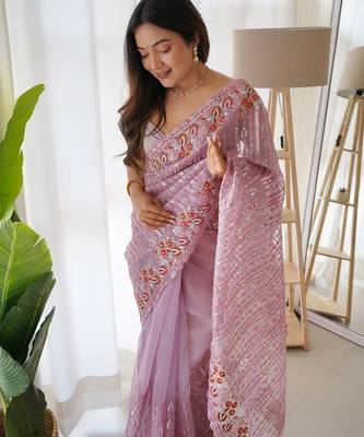 Lavender Color Embroidered Organza Silk Saree 4
