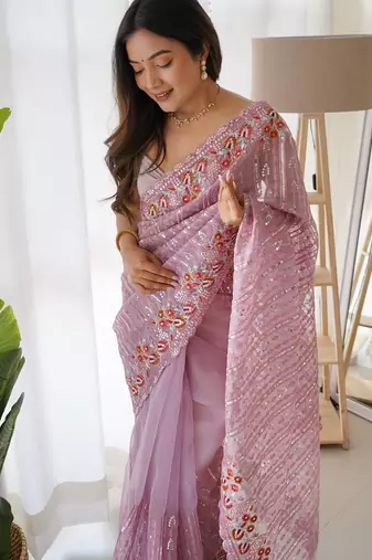 Lavender Color Embroidered Organza Silk Saree