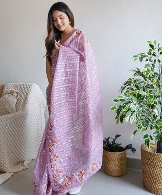 Lavender Color Embroidered Organza Silk Saree 5