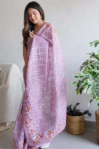 Lavender Color Embroidered Organza Silk Saree