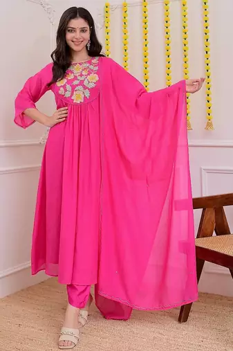 Floral embroidered pink round neck cotton kurta set with trouser & dupatta