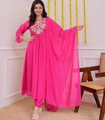 Floral embroidered pink round neck cotton kurta set with trouser & dupatta