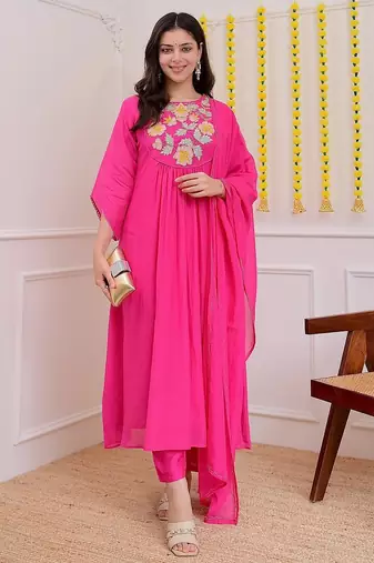 Floral embroidered pink round neck cotton kurta set with trouser & dupatta