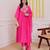 Floral embroidered pink round neck cotton kurta set with trouser & dupatta