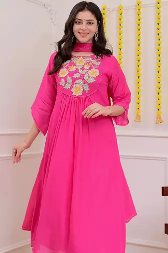 Floral embroidered pink round neck cotton kurta set with trouser & dupatta