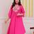 Floral embroidered pink round neck cotton kurta set with trouser & dupatta