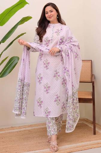 Floral printed white round neck cotton kurta set with trouser & dupatta