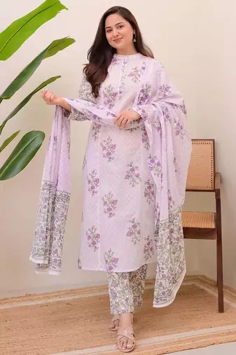 Floral printed white round neck cotton kurta set with trouser & dupatta