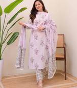 Floral printed white round neck cotton kurta set with trouser & dupatta