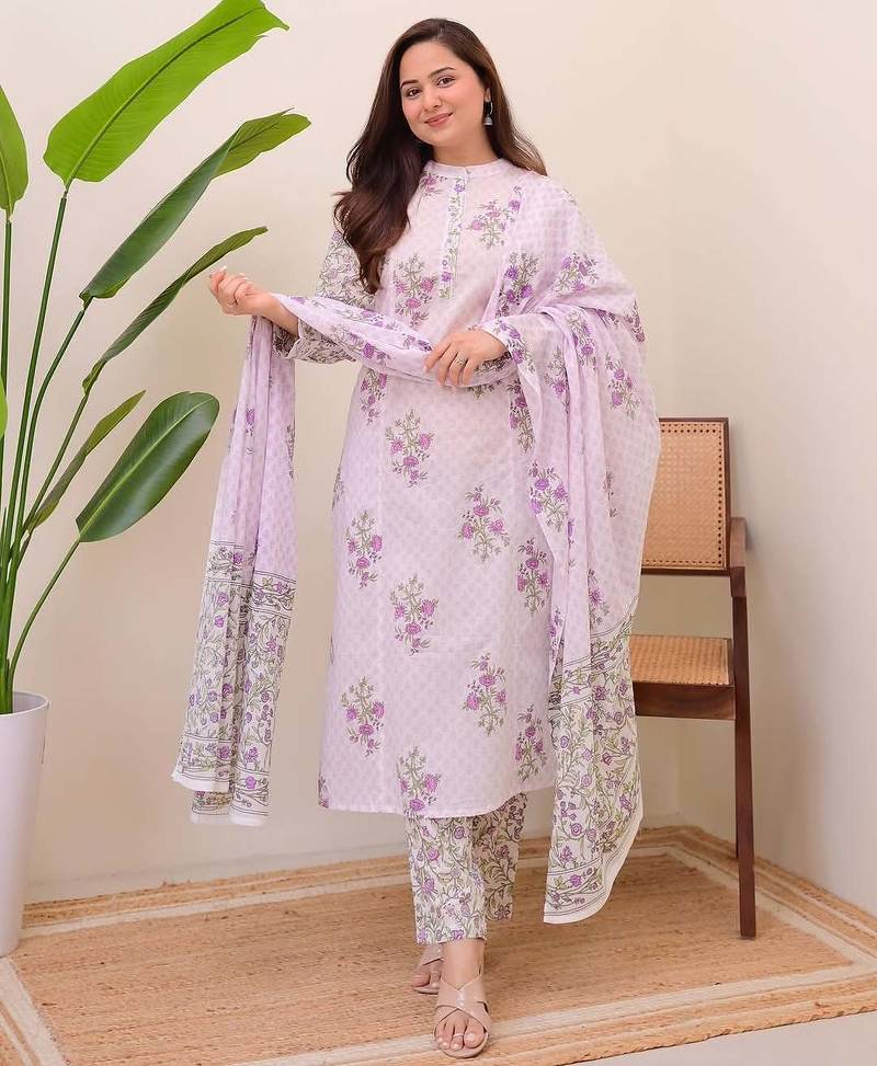 Floral printed white round neck cotton kurta set with trouser & dupatta