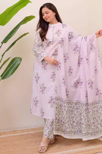 Floral printed white round neck cotton kurta set with trouser & dupatta
