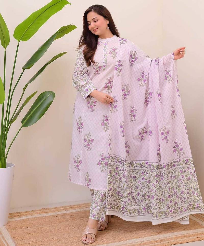 Floral printed white round neck cotton kurta set with trouser & dupatta