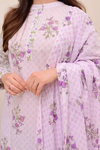 Floral printed white round neck cotton kurta set with trouser & dupatta
