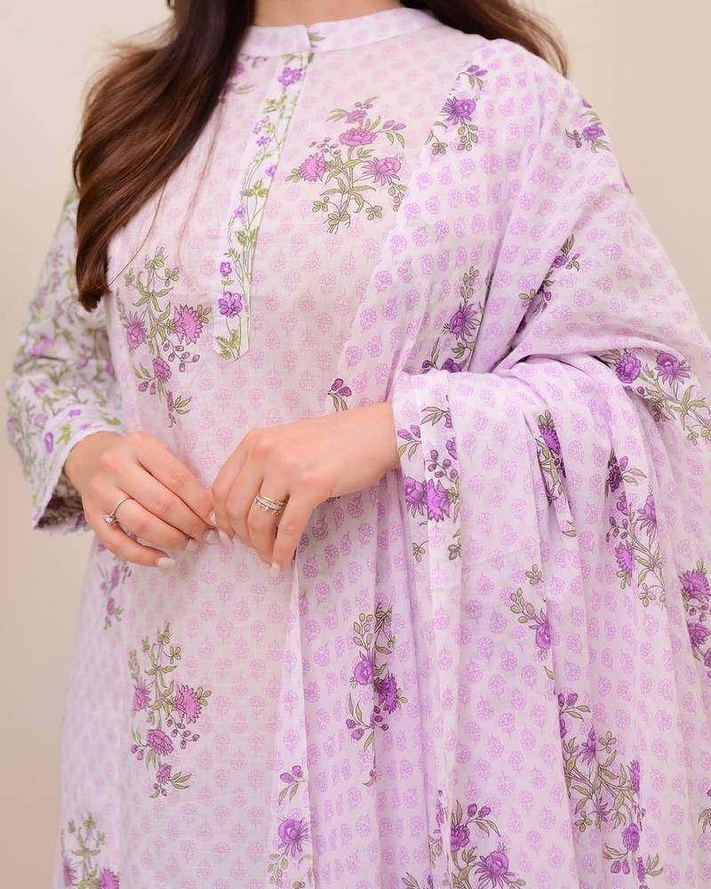 Floral printed white round neck cotton kurta set with trouser & dupatta