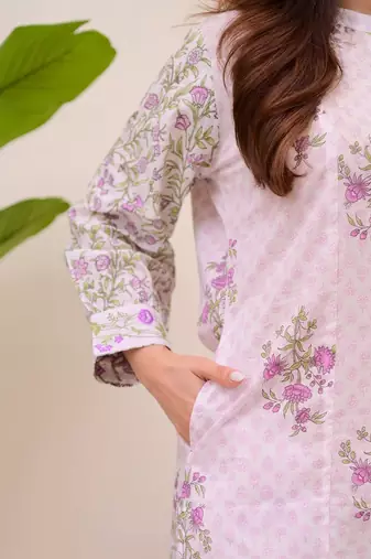 Floral printed white round neck cotton kurta set with trouser & dupatta