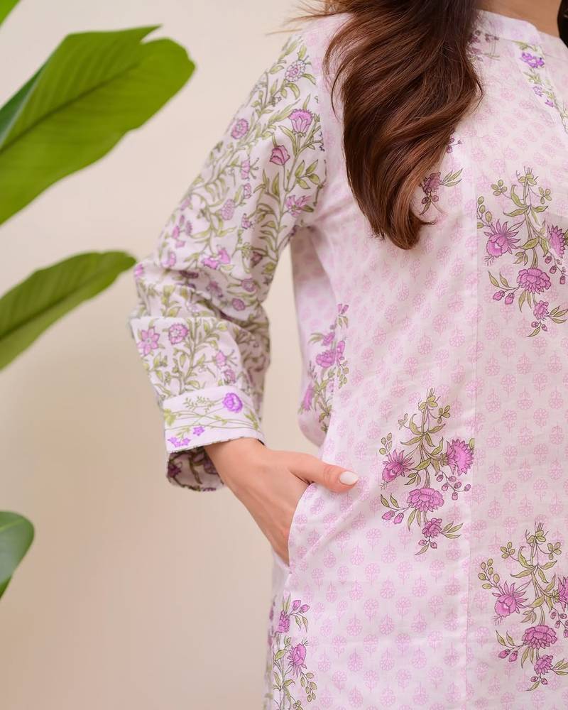 Floral printed white round neck cotton kurta set with trouser & dupatta