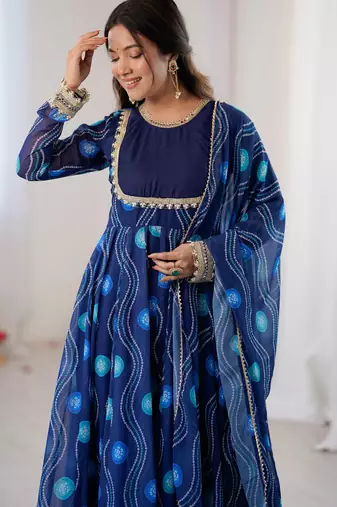 georgette bandhani kalicut anarkali suit with 4+ meter flair & dupatta