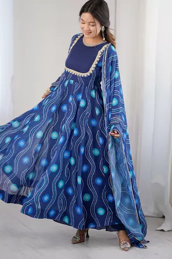 georgette bandhani kalicut anarkali suit with 4+ meter flair & dupatta
