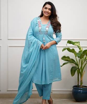 Floral embroidered blue v neck cotton kurta set with trouser & dupatta 1