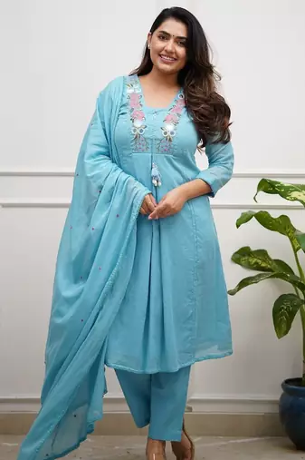 Floral embroidered blue v neck cotton kurta set with trouser & dupatta