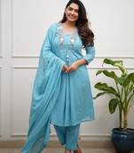 Floral embroidered blue v neck cotton kurta set with trouser & dupatta