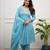 Floral embroidered blue v neck cotton kurta set with trouser & dupatta