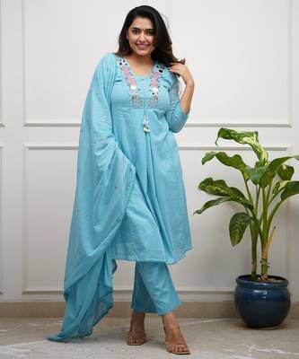 Floral embroidered blue v neck cotton kurta set with trouser & dupatta 2