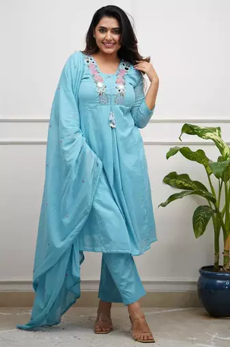 Floral embroidered blue v neck cotton kurta set with trouser & dupatta