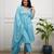 Floral embroidered blue v neck cotton kurta set with trouser & dupatta