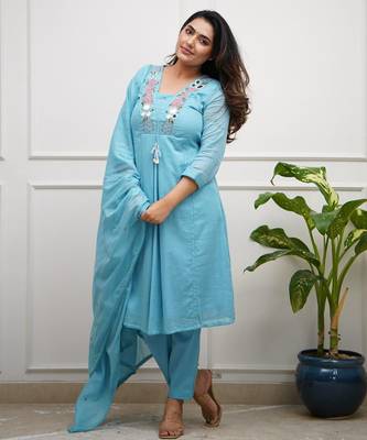 Floral embroidered blue v neck cotton kurta set with trouser & dupatta 3