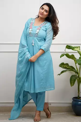 Floral embroidered blue v neck cotton kurta set with trouser & dupatta
