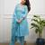 Floral embroidered blue v neck cotton kurta set with trouser & dupatta