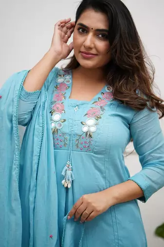 Floral embroidered blue v neck cotton kurta set with trouser & dupatta
