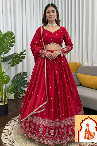 Red Silk Lehenga with Intricate Thread and Sequence Embroidery