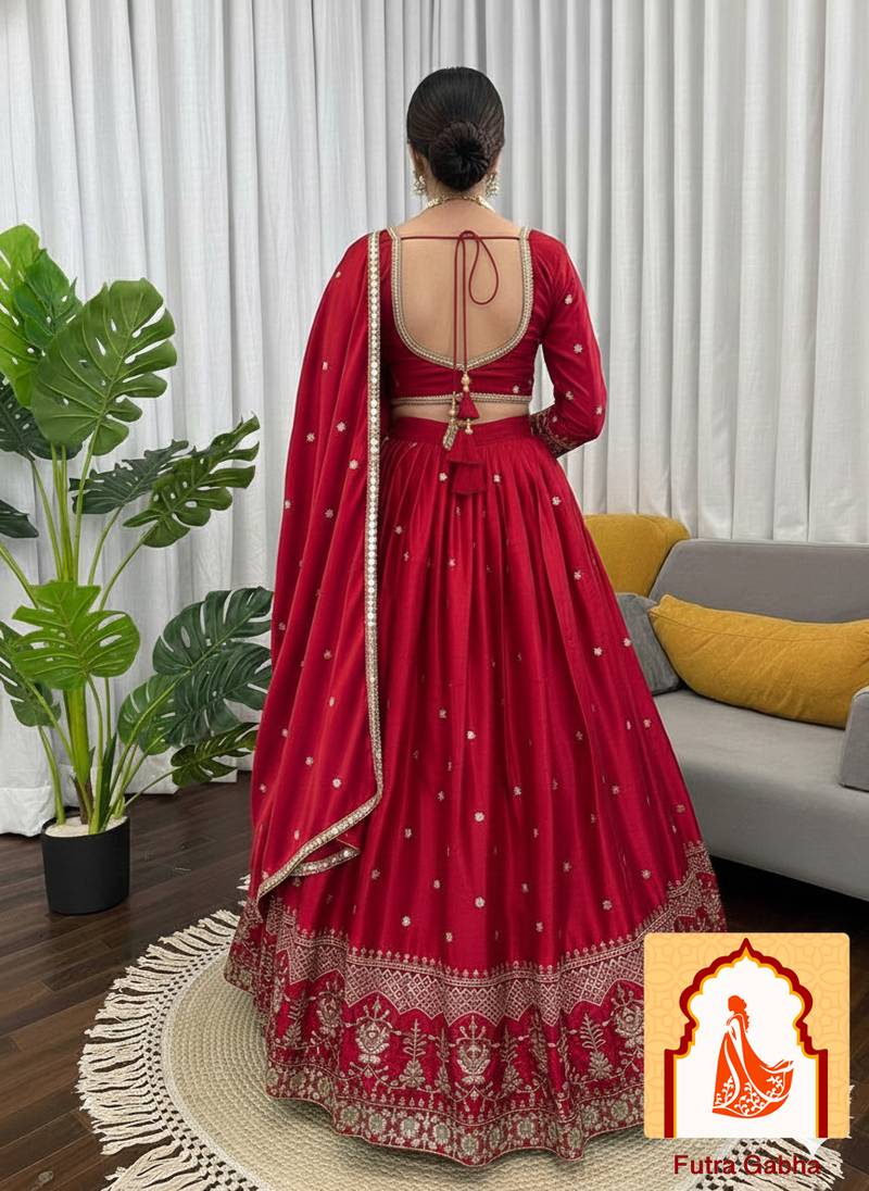 Red Silk Lehenga with Intricate Thread and Sequence Embroidery