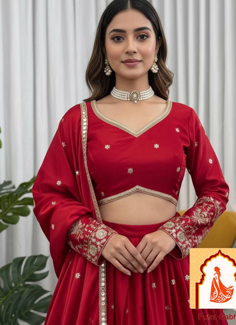 Red Silk Lehenga with Intricate Thread and Sequence Embroidery
