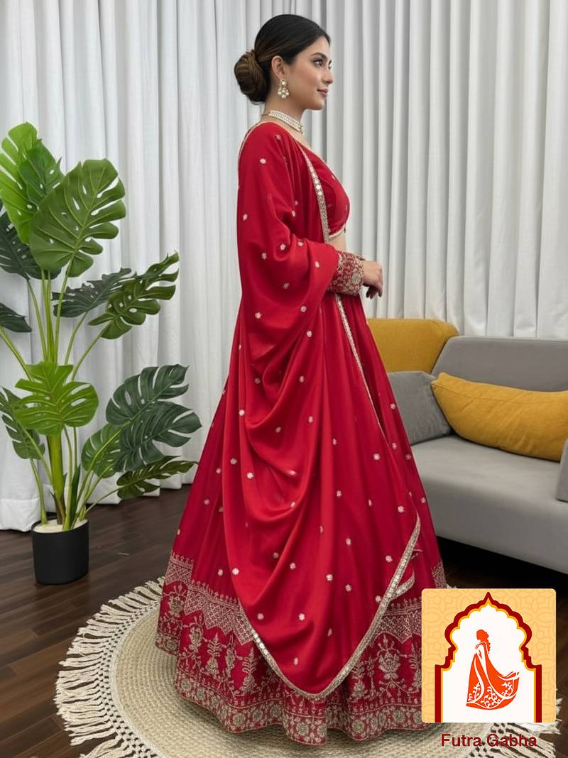 Red Silk Lehenga with Intricate Thread and Sequence Embroidery