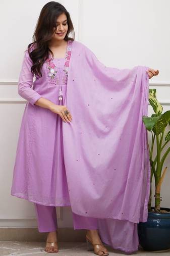Floral embroidered purple v neck cotton kurta set with trouser & dupatta