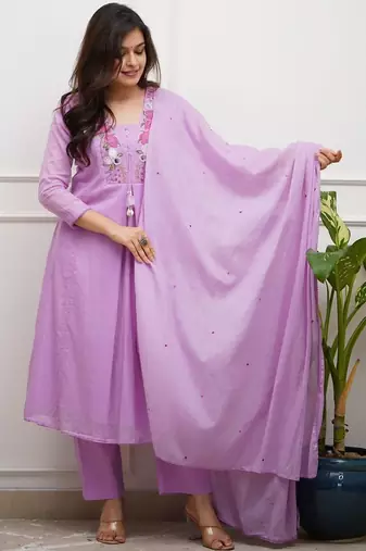 Floral embroidered purple v neck cotton kurta set with trouser & dupatta