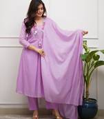 Floral embroidered purple v neck cotton kurta set with trouser & dupatta