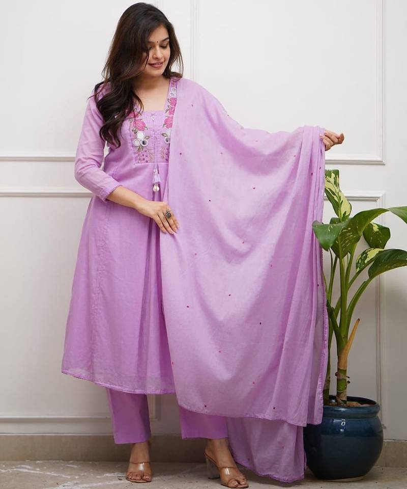Floral embroidered purple v neck cotton kurta set with trouser & dupatta