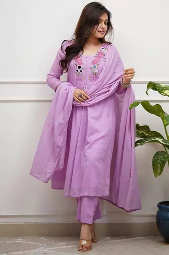 Floral embroidered purple v neck cotton kurta set with trouser & dupatta
