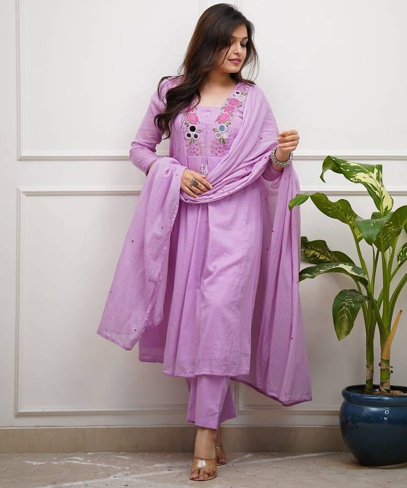 Floral embroidered purple v neck cotton kurta set with trouser & dupatta